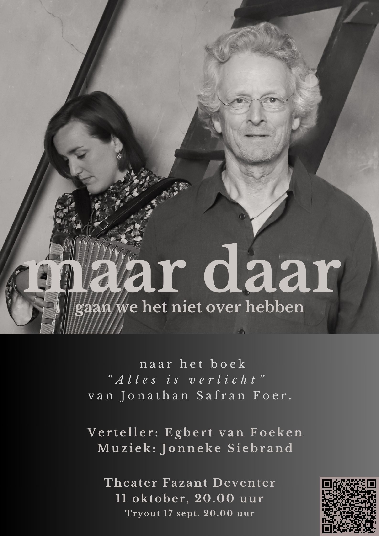 Flyer Maar daar door Egbert van Foeken, afstudeervoorstelling van de leerroute verhalen vertellen bij de Vertelacademie